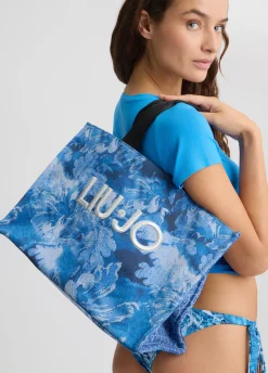 Borsa tote grande in denim stampato