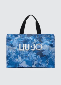 Borsa tote grande in denim stampato