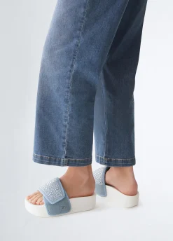 Ciabatte platform in denim con strass