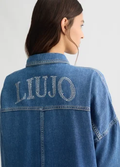 Giacca overshirt in denim con maxi logo