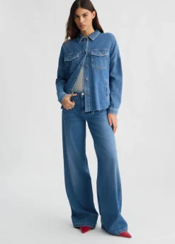 Giacca overshirt in denim con maxi logo