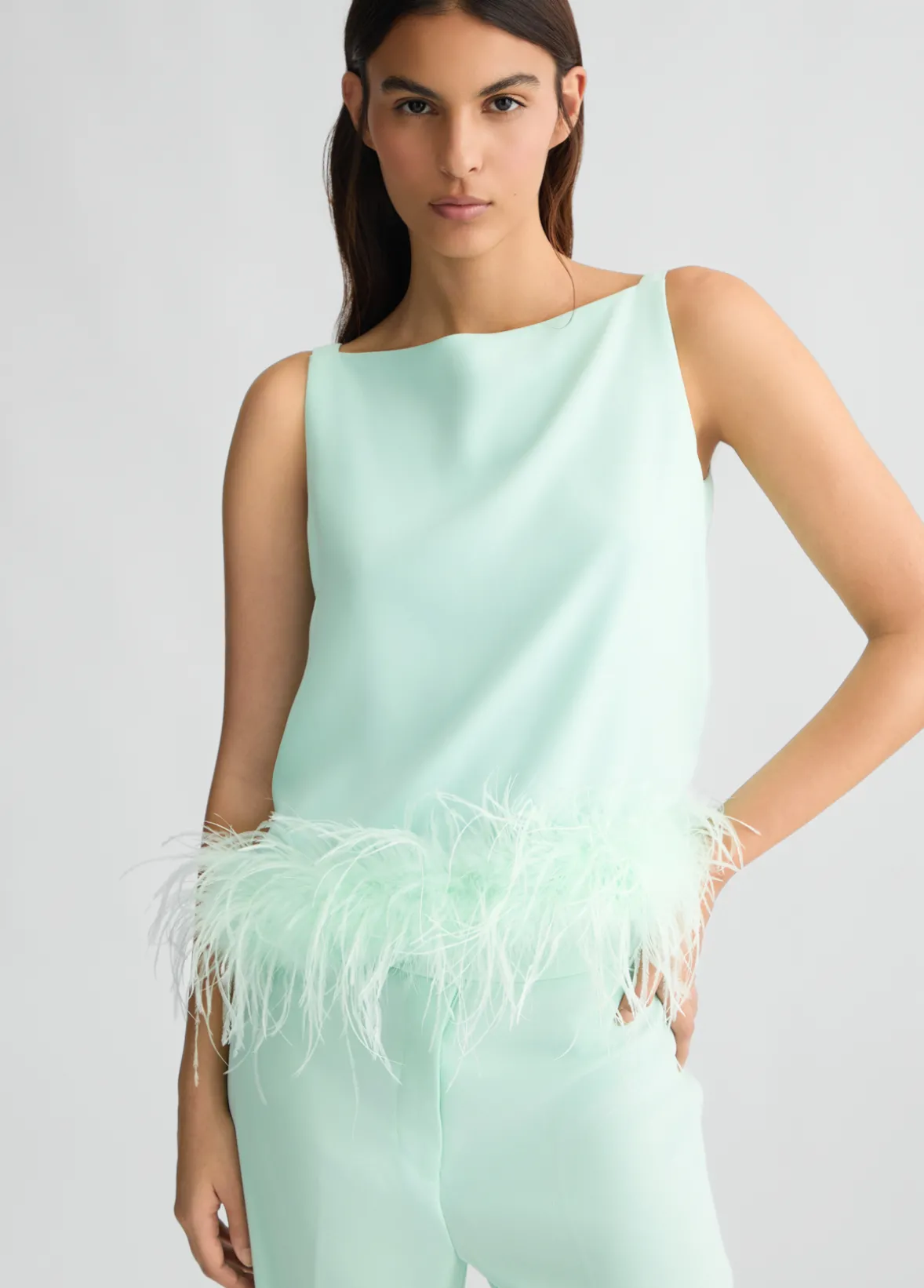 Top elegante con piume
