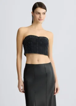 Top in denim con strass