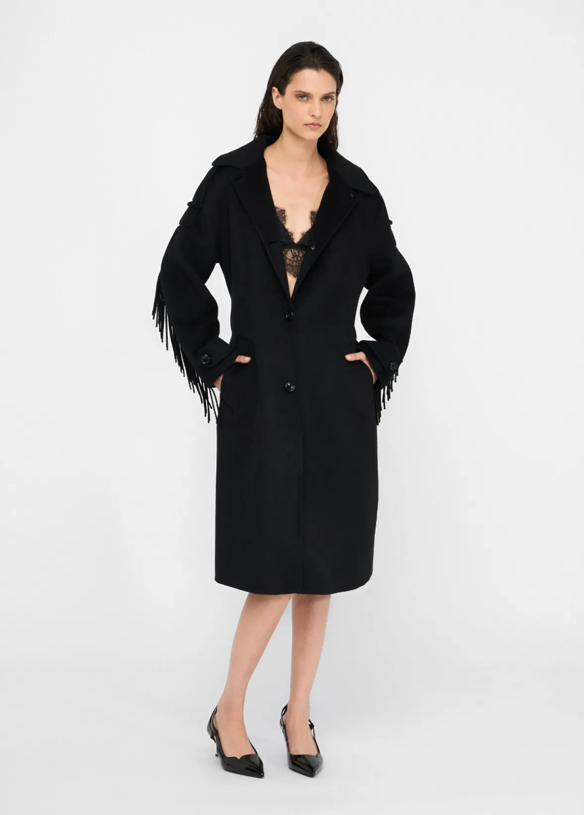 Trench in lana con frange