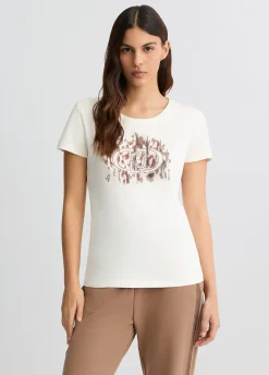 T-shirt con logo animalier e strass