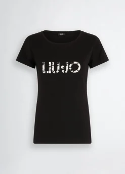 T-shirt con logo e perle