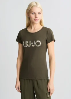 T-shirt con logo e strass