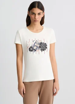 T-shirt con logo floreale e strass
