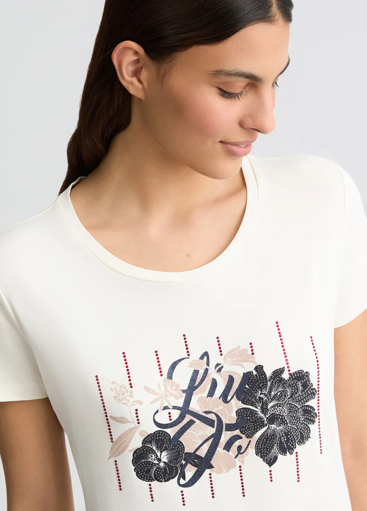 T-shirt con logo floreale e strass