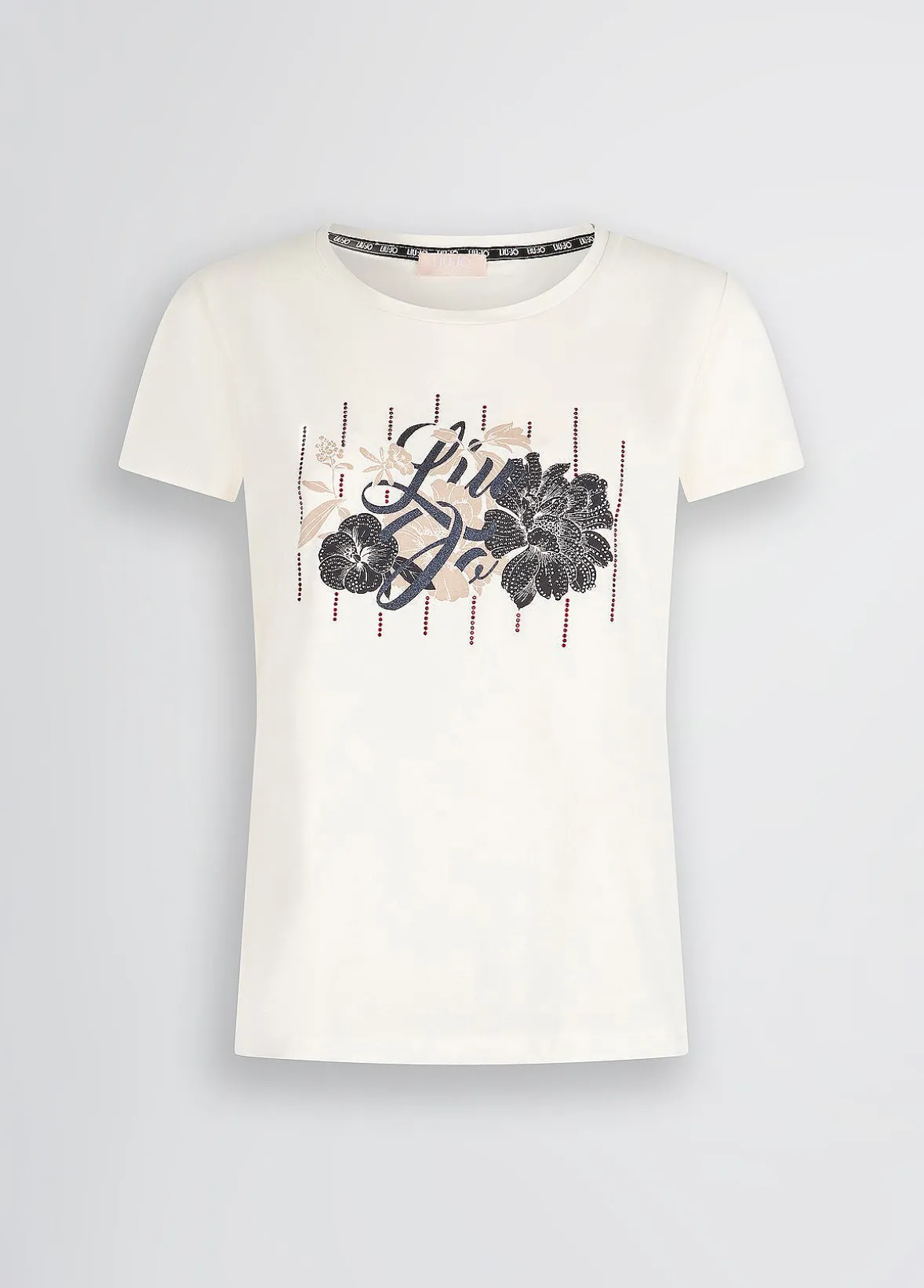 T-shirt con logo floreale e strass