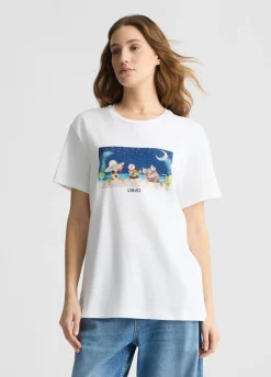 T-shirt con stampa e strass