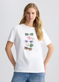T-shirt con stampa e strass