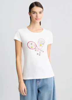 T-shirt con stampa e strass