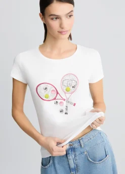T-shirt con stampa e strass