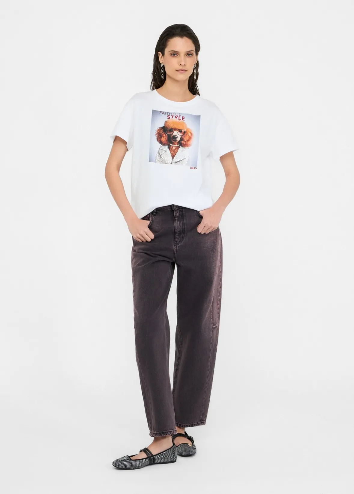 T-shirt con stampa e strass