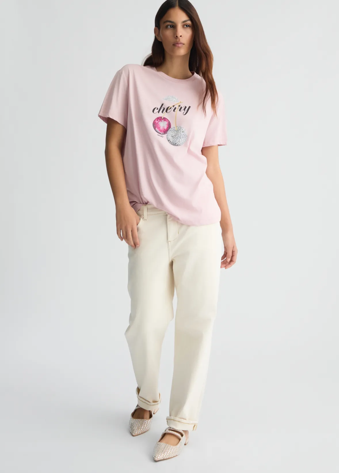 T-shirt con stampa e strass