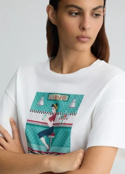 T-shirt con stampa e strass