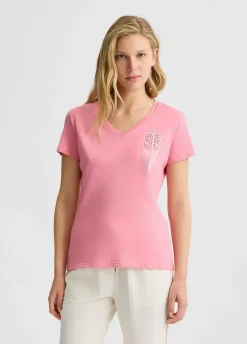 T-shirt con stampa e strass