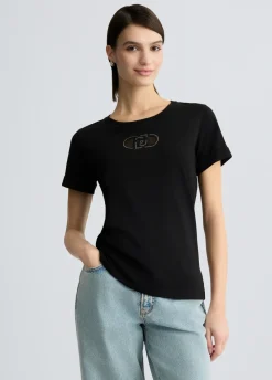 T-shirt in cotone con logo e strass