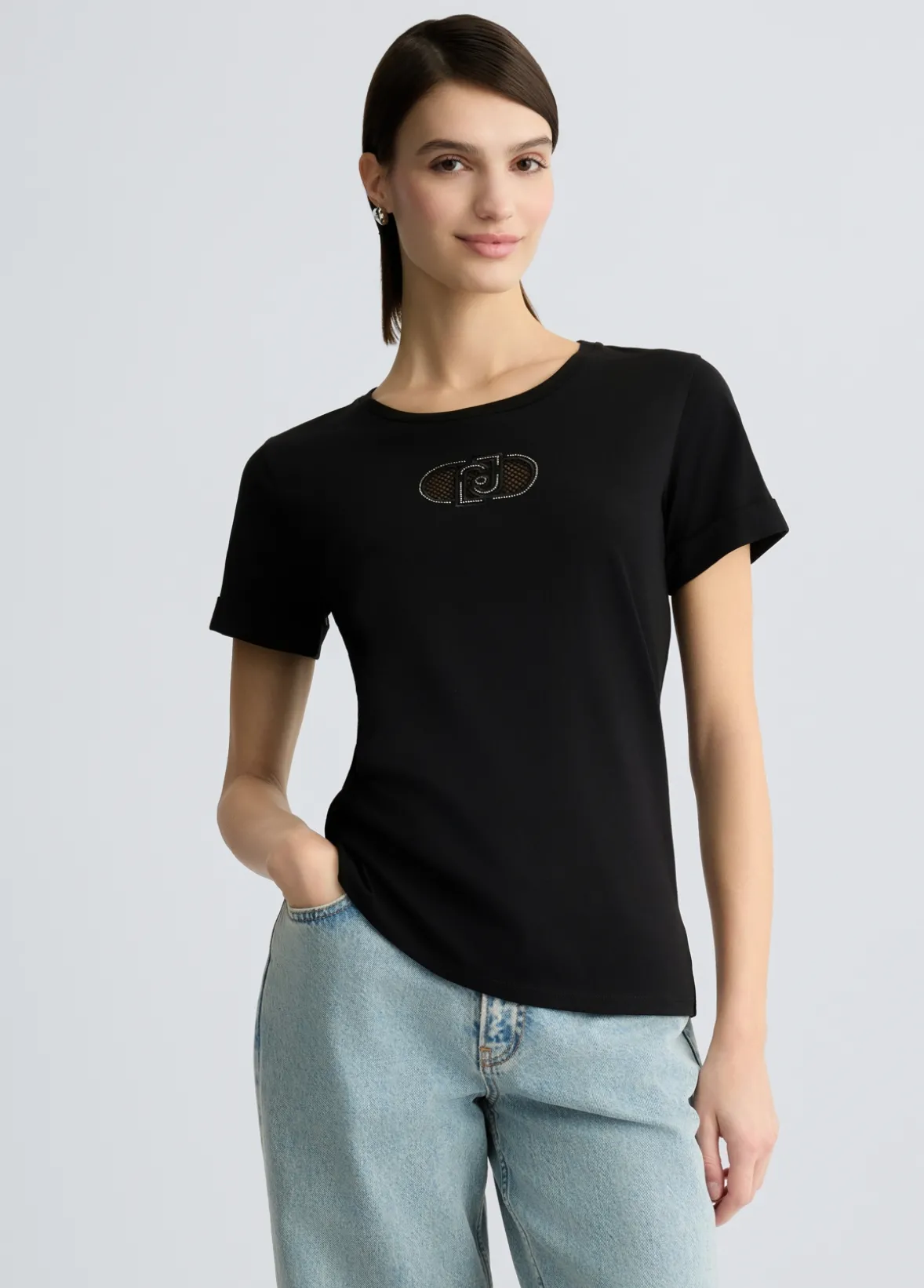 T-shirt in cotone con logo e strass