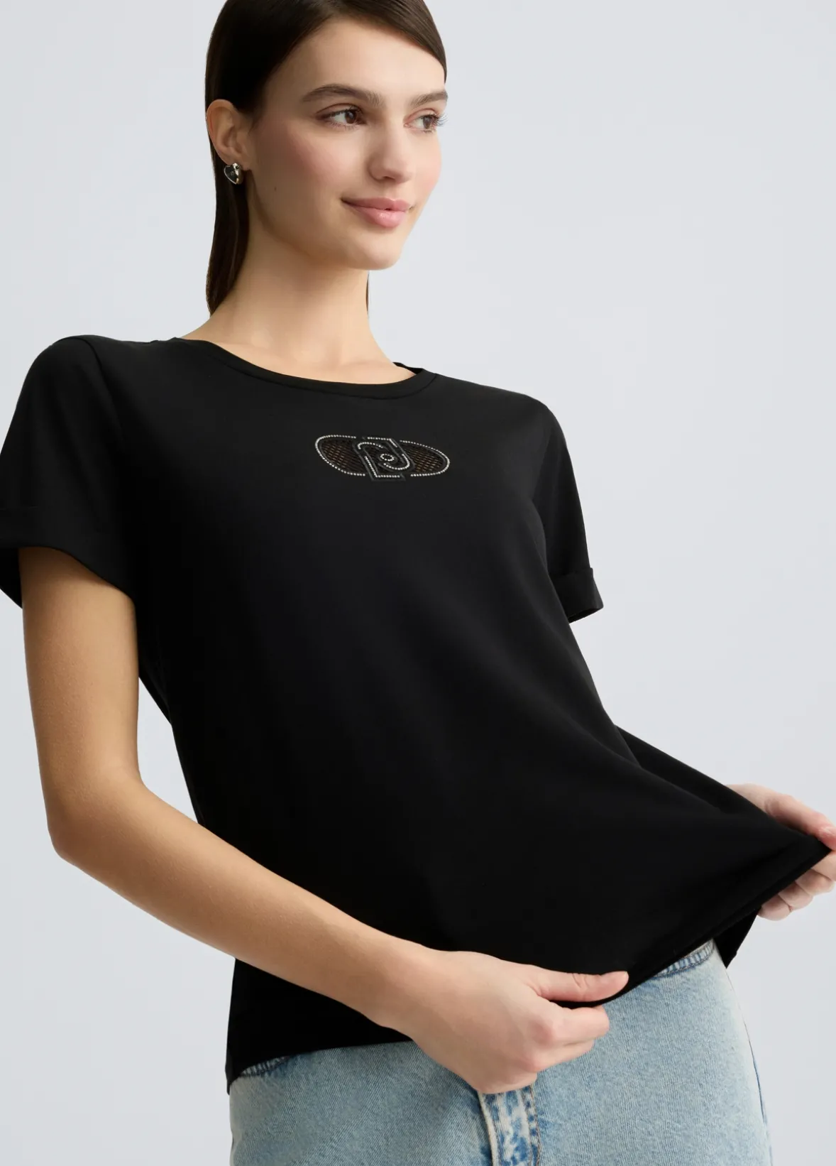 T-shirt in cotone con logo e strass