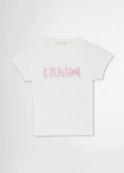 T-shirt in cotone con logo e strass
