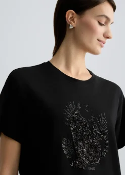 T-shirt in cotone con paillettes e strass