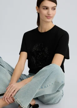 T-shirt in cotone con paillettes e strass