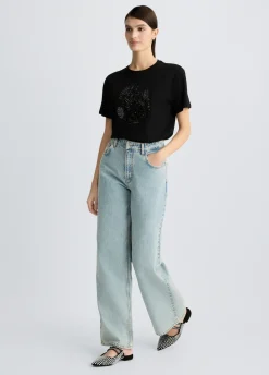 T-shirt in cotone con paillettes e strass