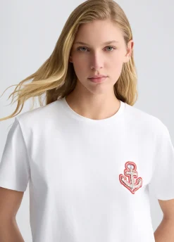 T-shirt in cotone con ricamo e strass