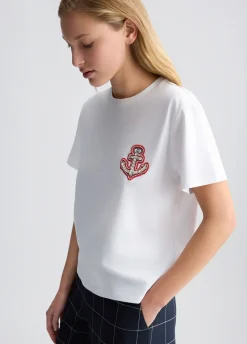 T-shirt in cotone con ricamo e strass