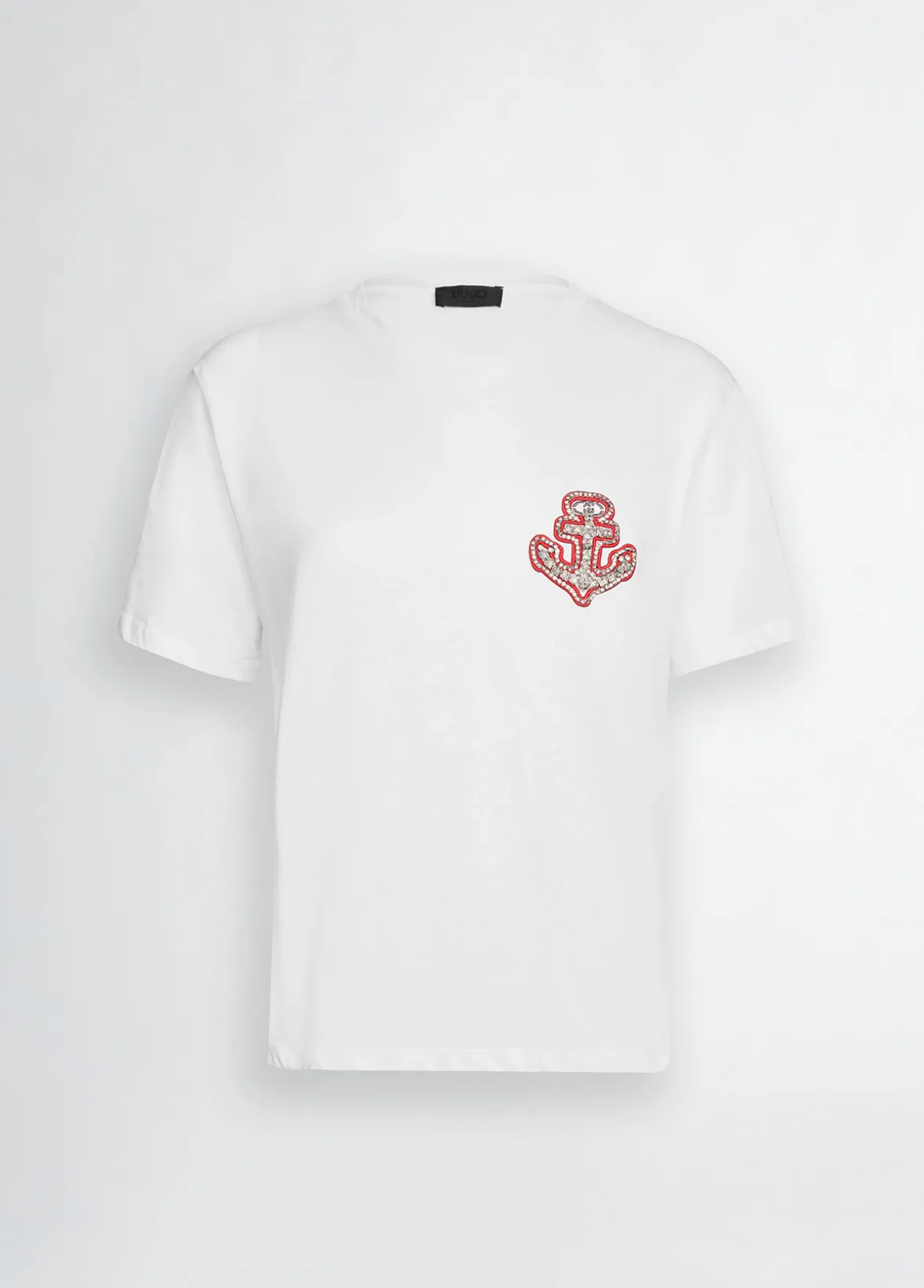 T-shirt in cotone con ricamo e strass