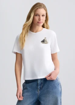 T-shirt in cotone con ricamo e strass