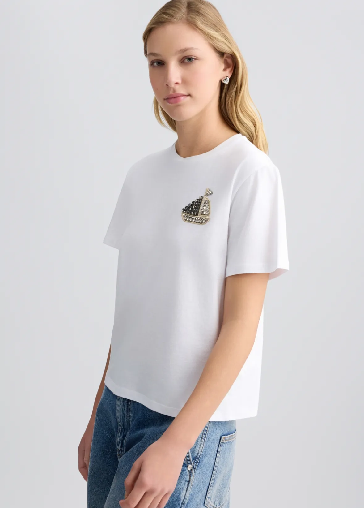T-shirt in cotone con ricamo e strass