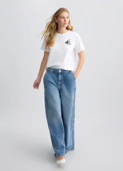 T-shirt in cotone con ricamo e strass