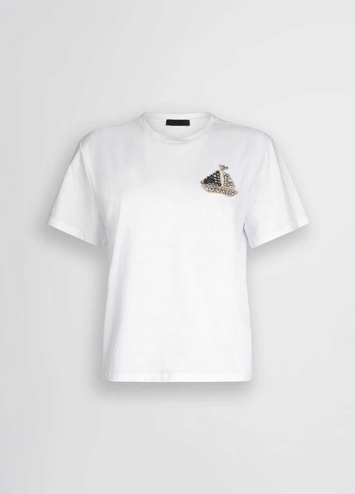 T-shirt in cotone con ricamo e strass