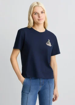 T-shirt in cotone con ricamo e strass