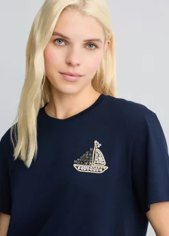 T-shirt in cotone con ricamo e strass