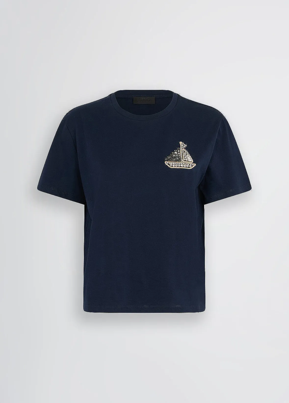 T-shirt in cotone con ricamo e strass