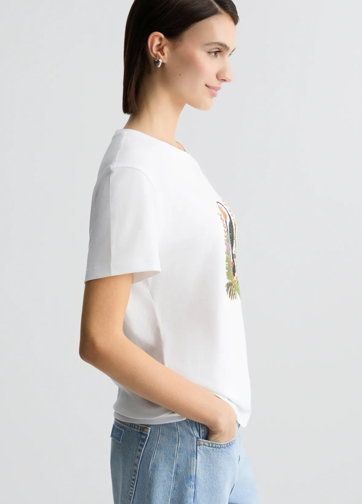 T-shirt in cotone con stampa e strass