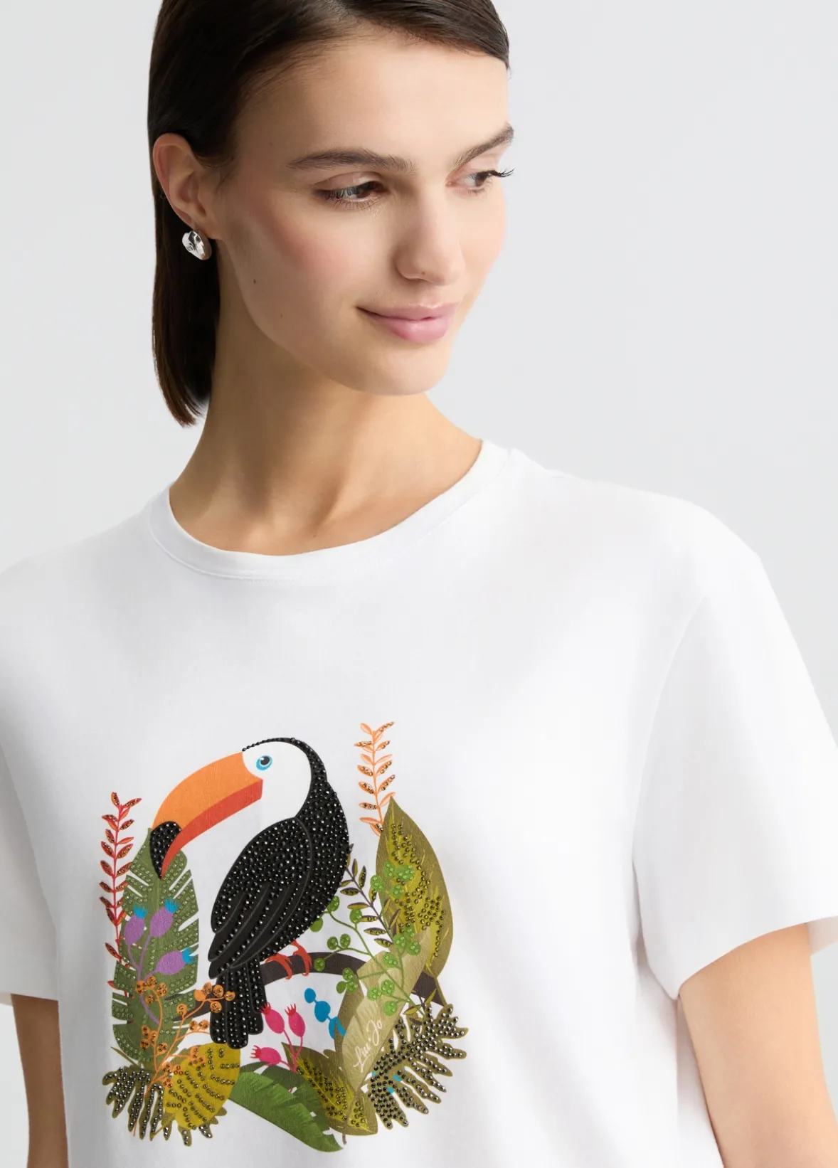 T-shirt in cotone con stampa e strass