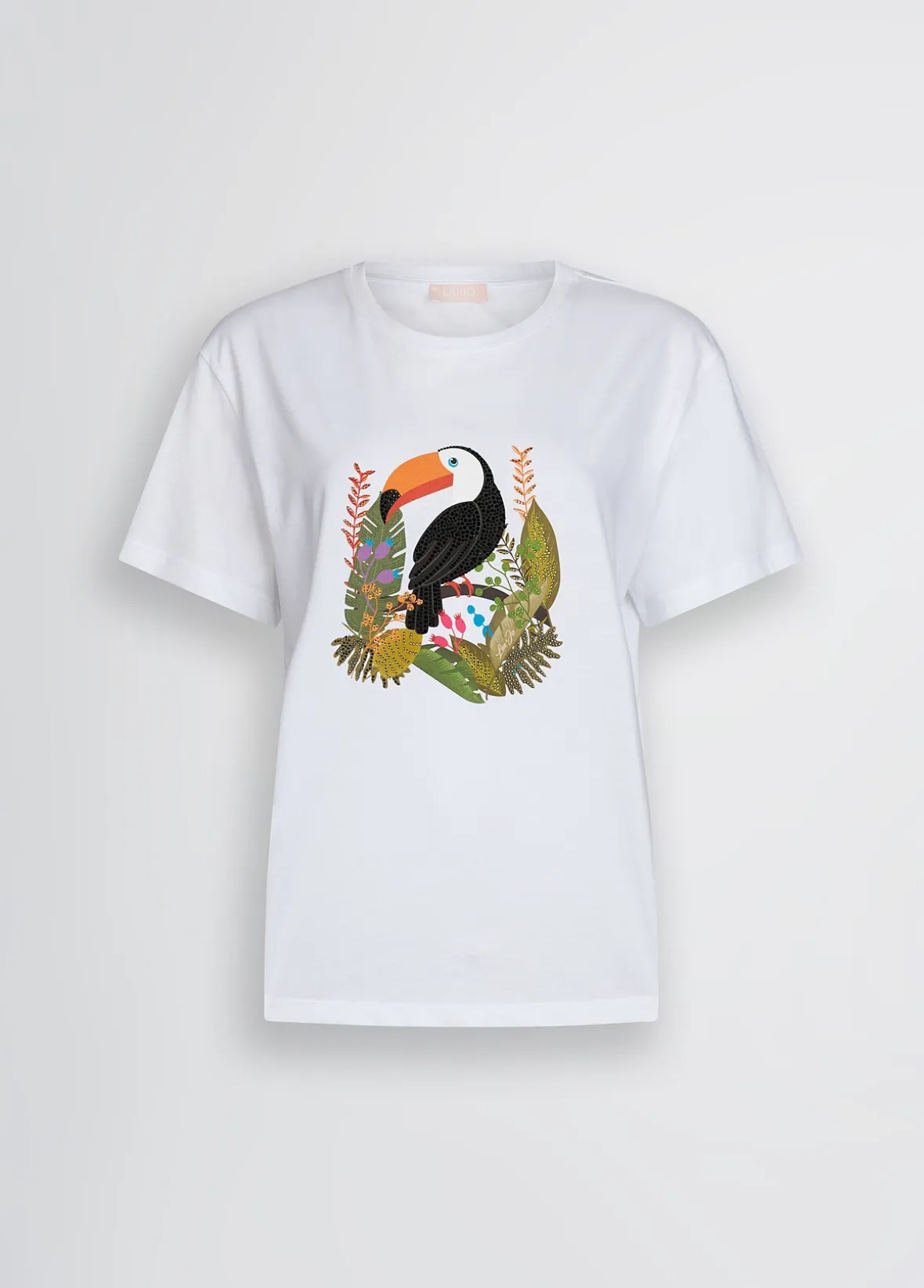 T-shirt in cotone con stampa e strass