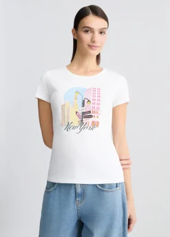 T-shirt in cotone con stampa e strass
