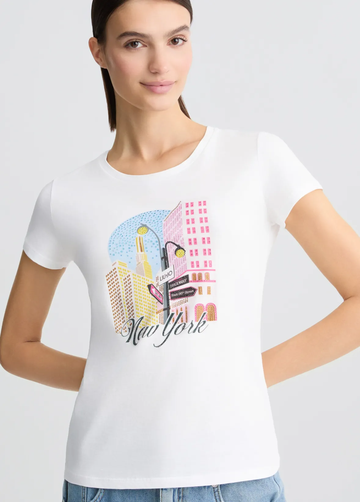 T-shirt in cotone con stampa e strass