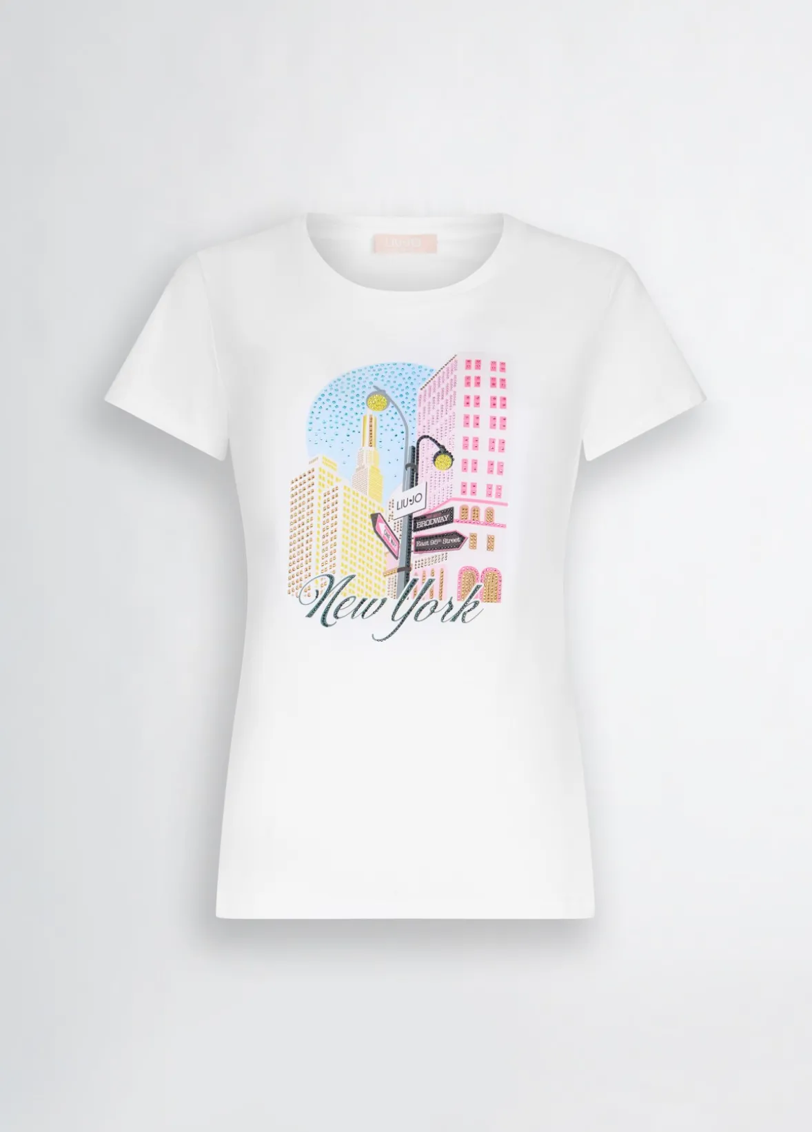 T-shirt in cotone con stampa e strass