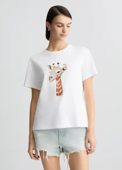 T-shirt in cotone con stampa e strass