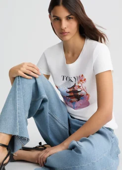 T-shirt in cotone con stampa e strass