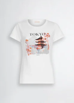 T-shirt in cotone con stampa e strass