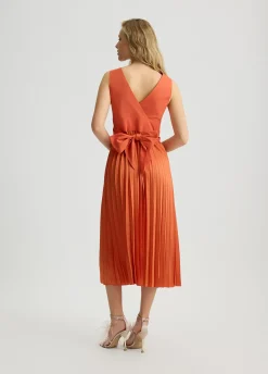 Vestito midi in popeline e raso plissé